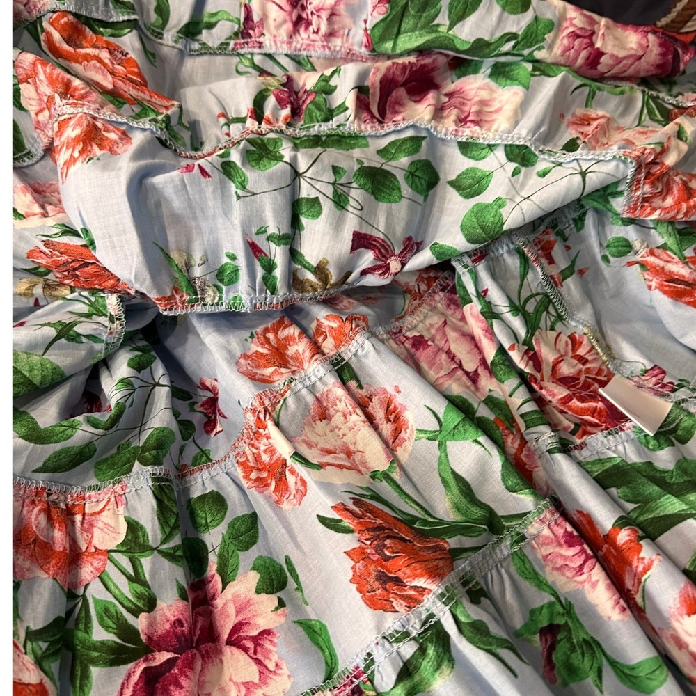 Gibson + Latimer NWT SZ XL Floral Midi Dress Blue Pink Wrap Tiered Puff Sleeve - Picture 7 of 15
